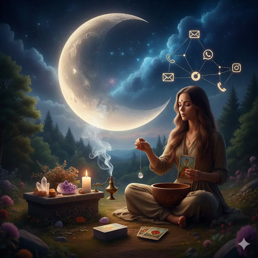 Mujer realizando una lectura de tarot con cartas doradas, velas y elementos esotéricos bajo una luz de luna fascinante.