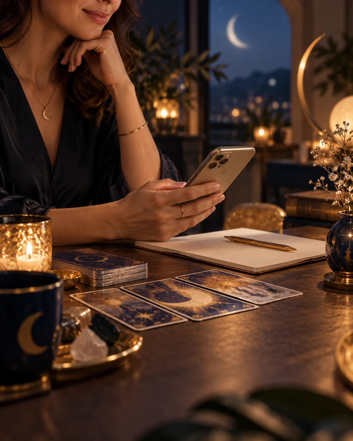 Tarotista leyendo cartas a la luz de las velas y la luna, Las Cartas de Luna
